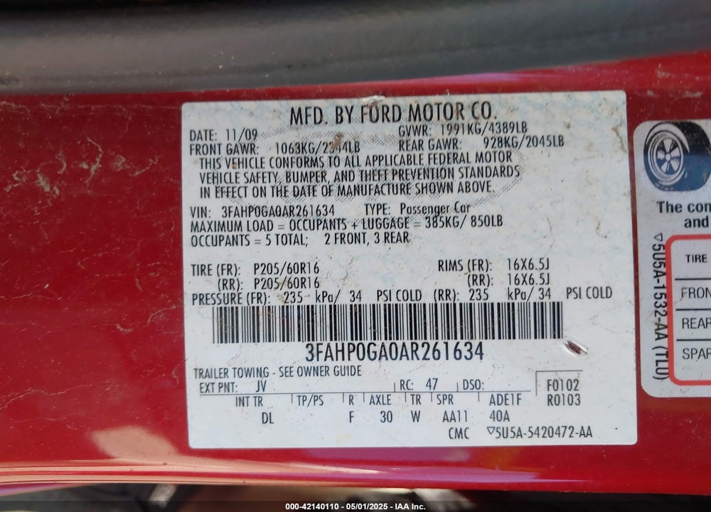 2010 FORD FUSION VIN: 3FAHP0GA0AR261634