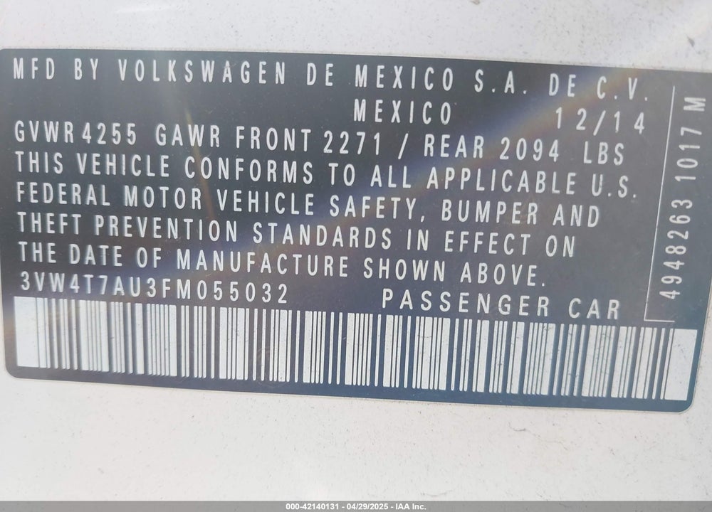 2015 VOLKSWAGEN GOLF VIN: 3VW4T7AU3FM055032