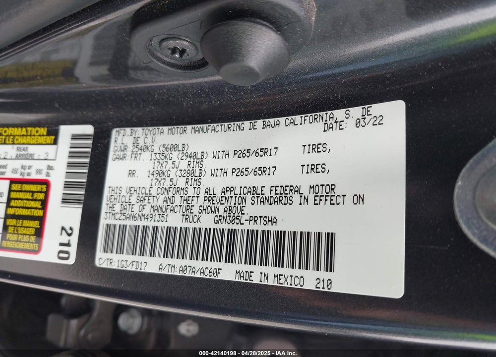2022 TOYOTA TACOMA TRD SPORT VIN: 3TMCZ5AN6NM491351