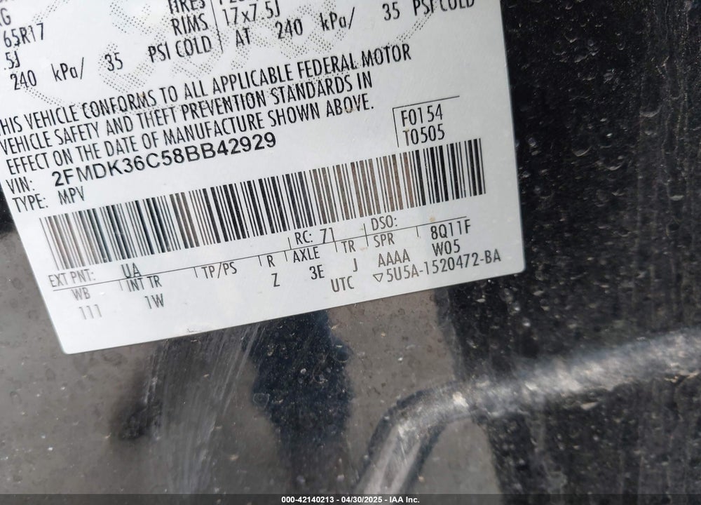 2008 FORD EDGE SE VIN: 2FMDK36C58BB42929
