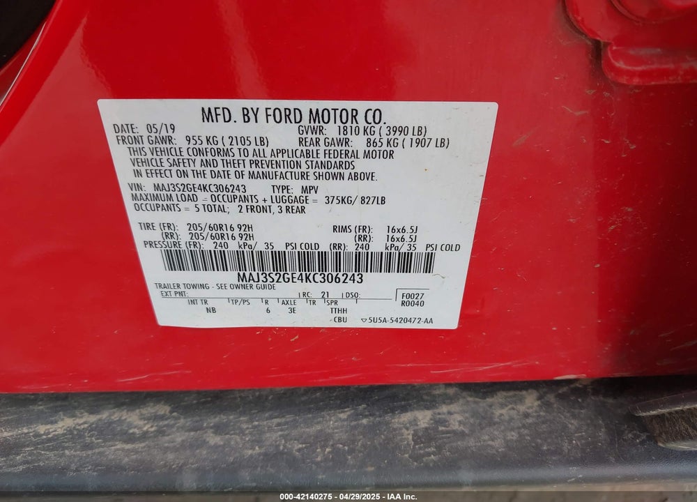 2019 FORD ECOSPORT SE VIN: MAJ3S2GE4KC306243