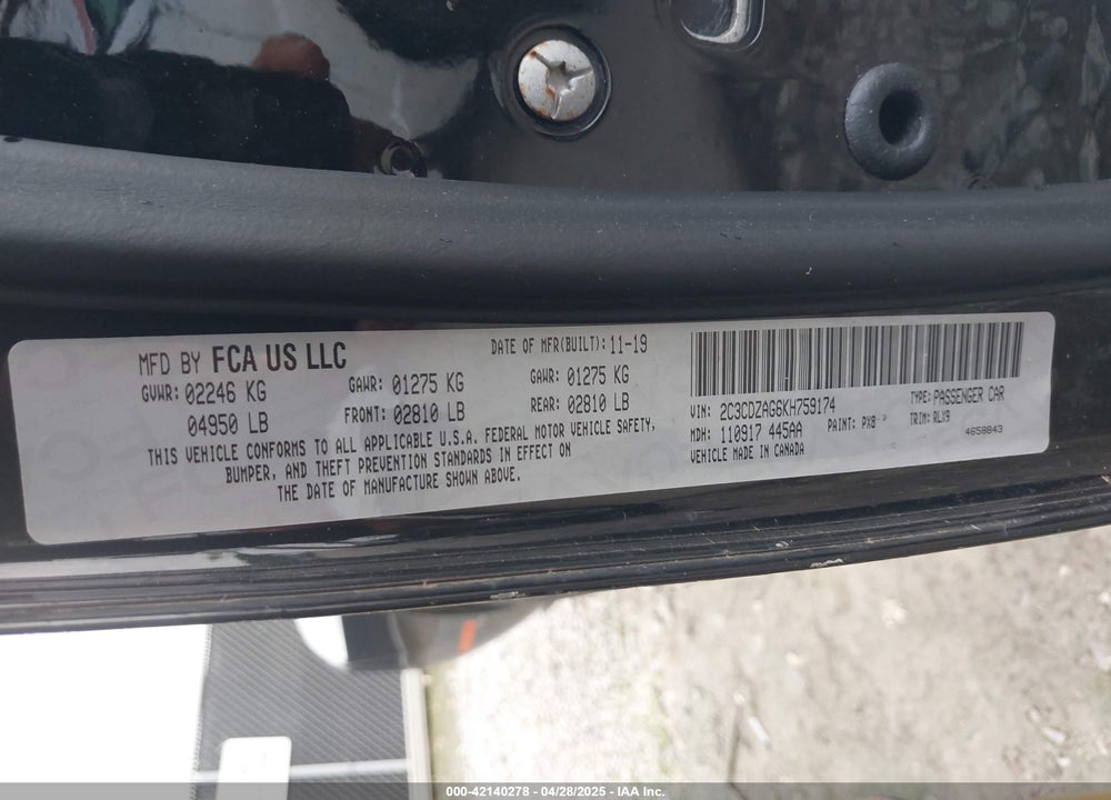 2019 DODGE CHALLENGER VIN: 2C3CDZAG6KH759174
