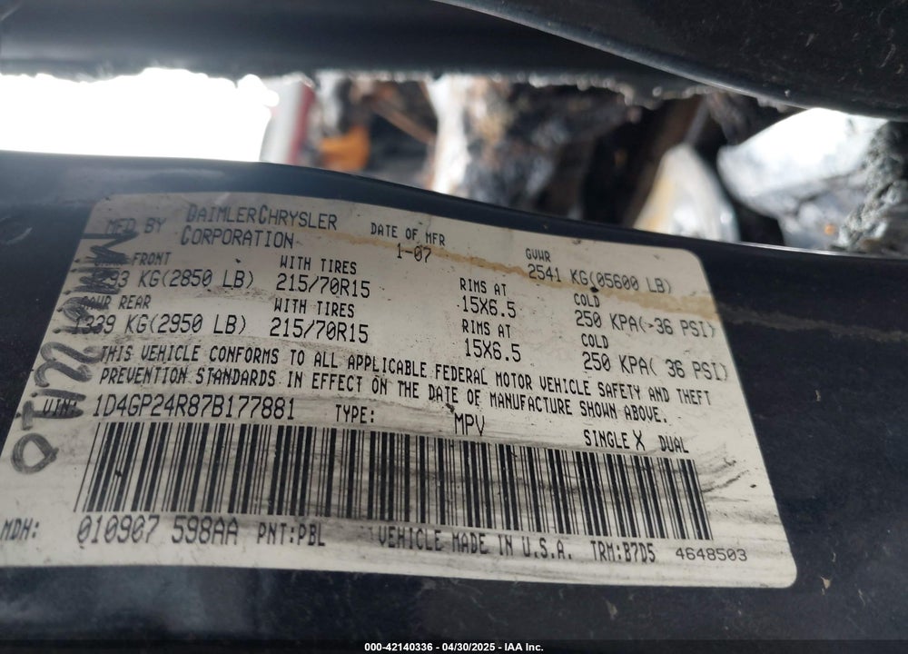 2007 DODGE GRAND CARAVAN SE VIN: 1D4GP24R87B177881