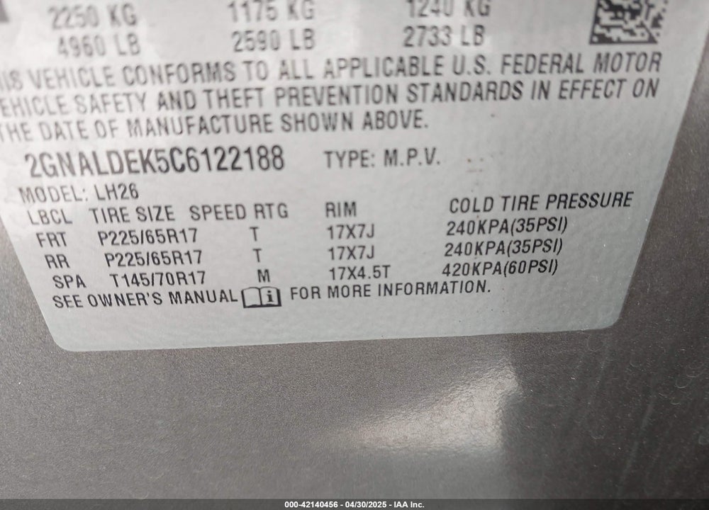 2012 CHEVROLET EQUINOX 1LT VIN: 2GNALDEK5C6122188