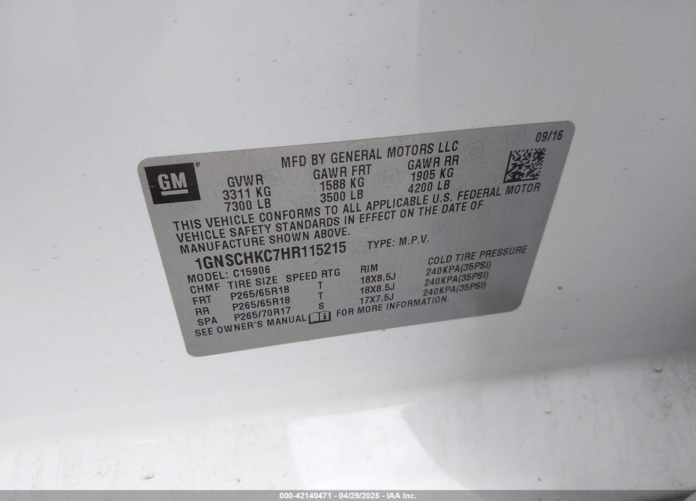 2017 CHEVROLET SUBURBAN LT VIN: 1GNSCHKC7HR115215
