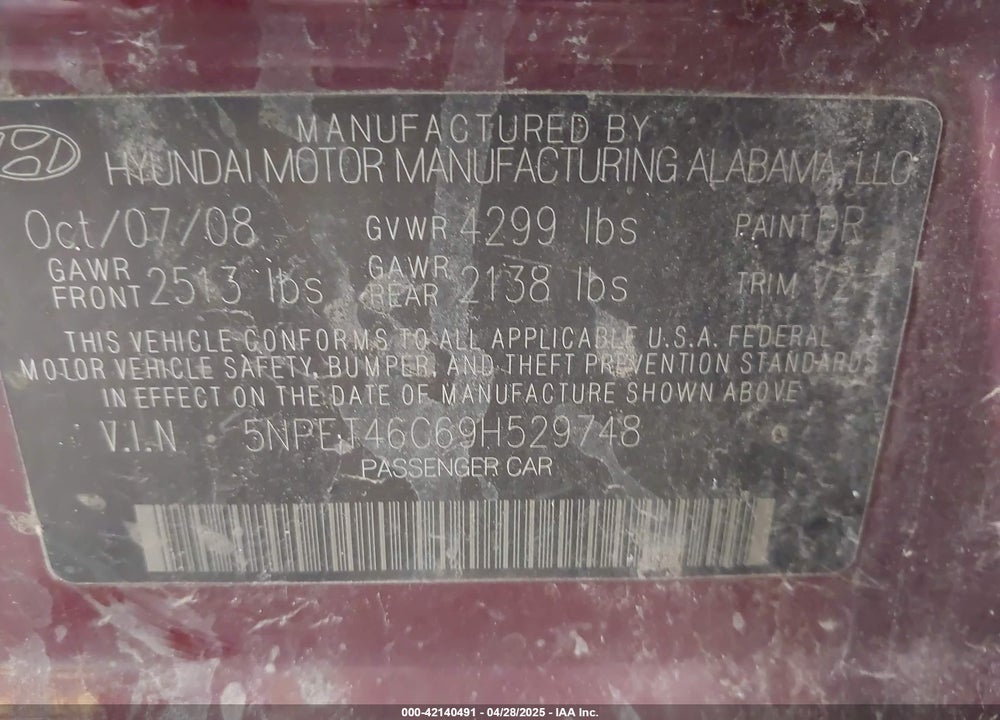 2009 HYUNDAI SONATA GLS VIN: 5NPET46C69H529748