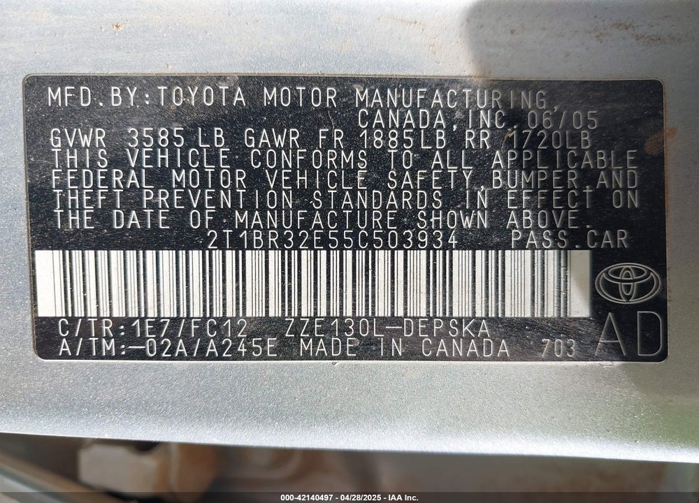 2005 TOYOTA COROLLA S VIN: 2T1BR32E55C503934