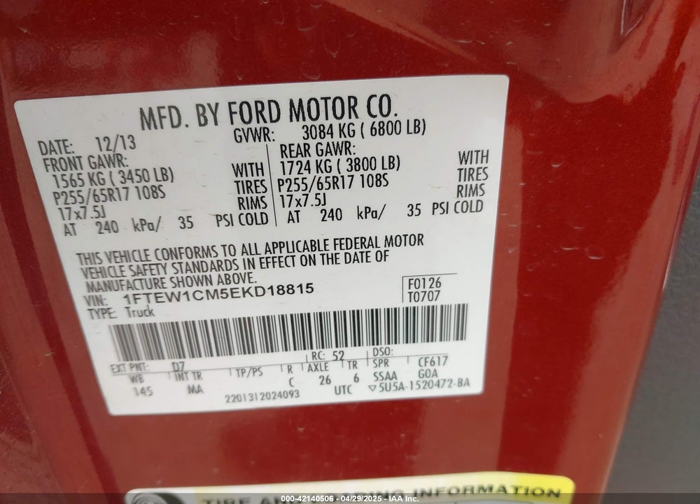 2014 FORD F-150 VIN: 1FTEW1CM5EKD18815