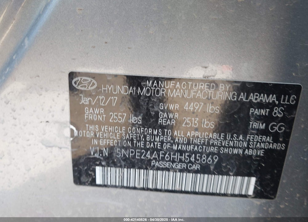 2017 HYUNDAI SONATA VIN: 5NPE24AF6HH545869