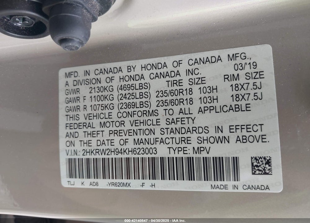 2019 HONDA CR-V VIN: 2HKRW2H94KH623003