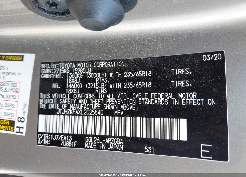 2020 LEXUS RX 350L VIN: JTJHZKFAXL2025840