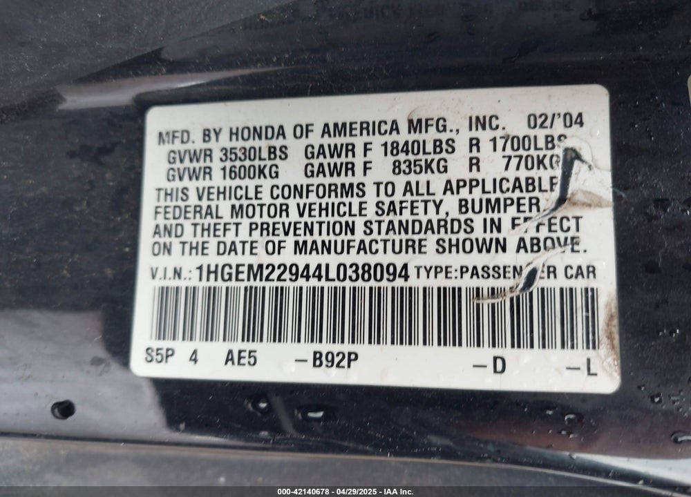 2004 HONDA CIVIC EX VIN: 1HGEM22944L038094