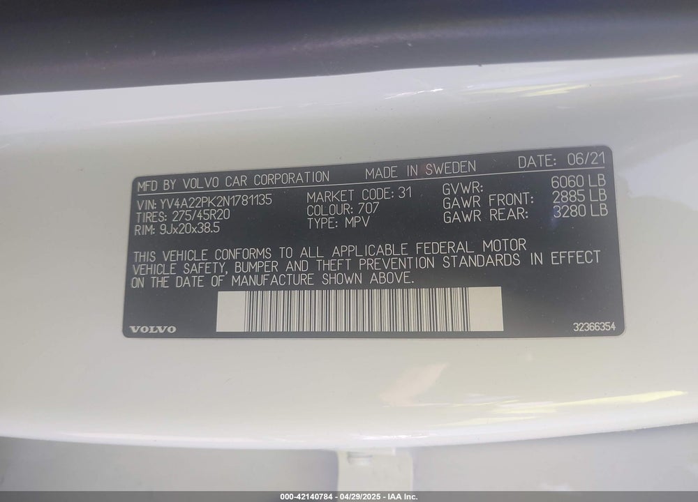 2022 VOLVO XC90 VIN: YV4A22PK2N1781135