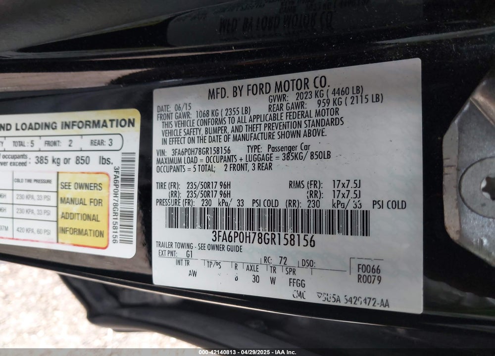 2016 FORD FUSION VIN: 3FA6P0H78GR158156