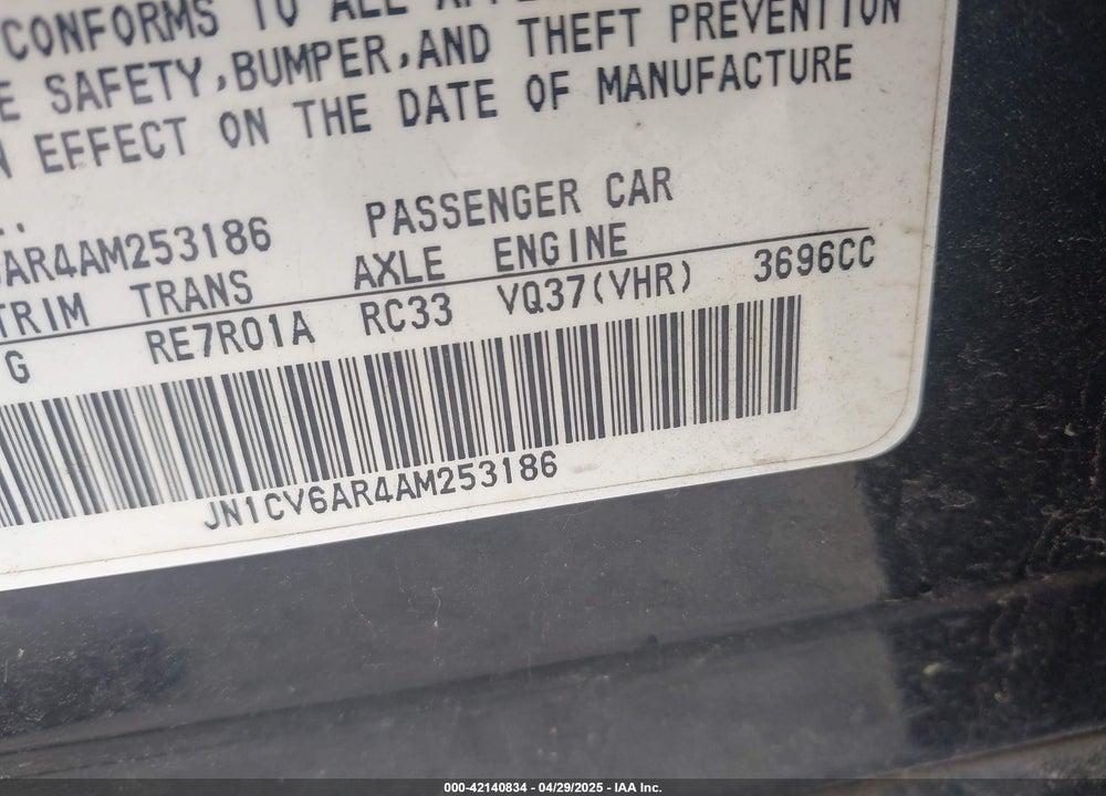 2010 INFINITI G37X VIN: JN1CV6AR4AM253186