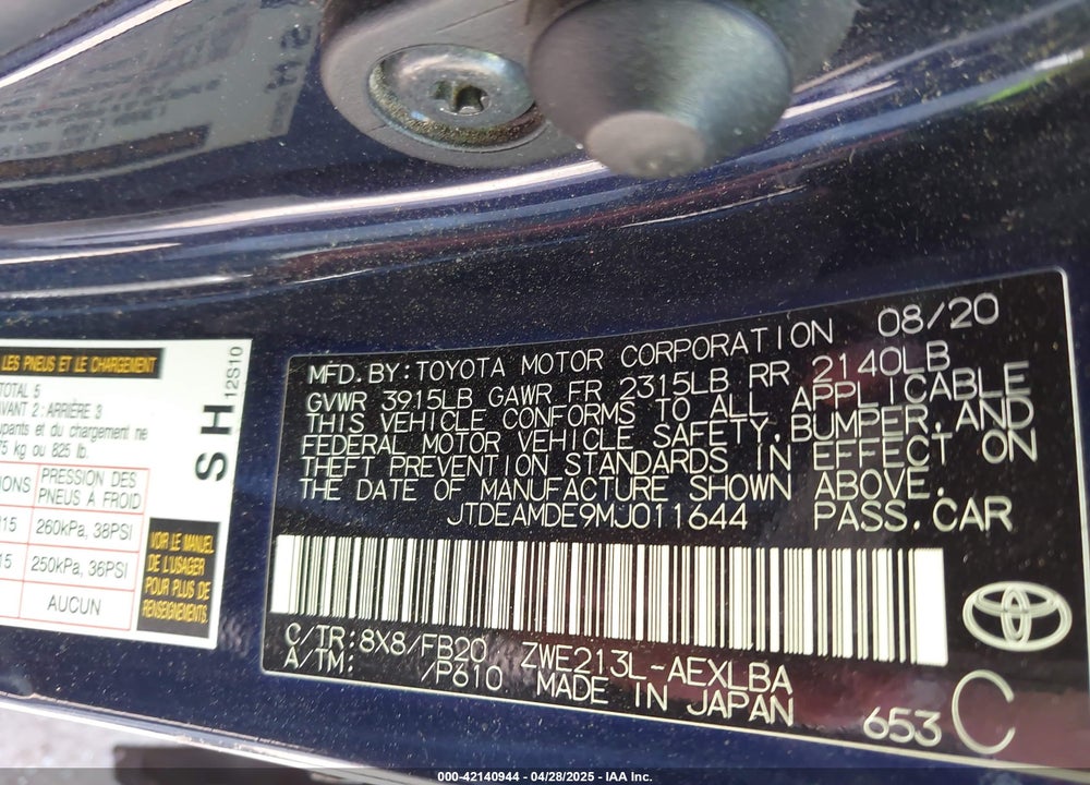 2021 TOYOTA COROLLA HYBRID LE VIN: JTDEAMDE9MJ011644