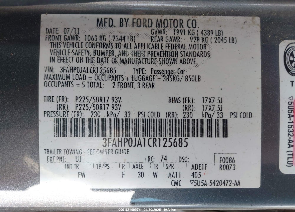 2012 FORD FUSION VIN: 3FAHP0JA1CR125685