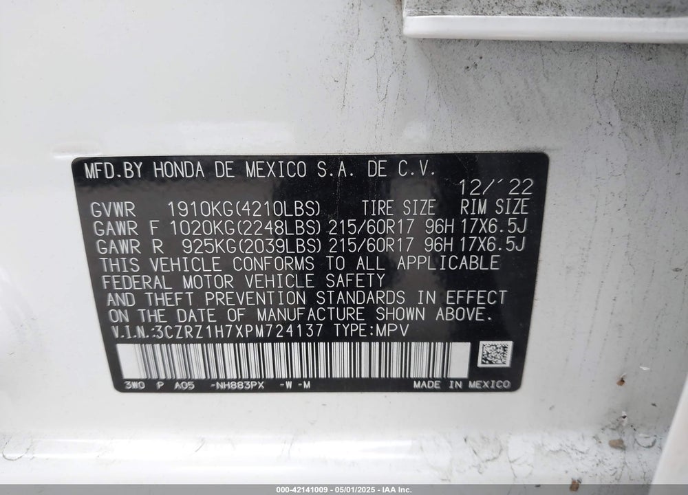 2023 HONDA HR-V VIN: 3CZRZ1H7XPM724137