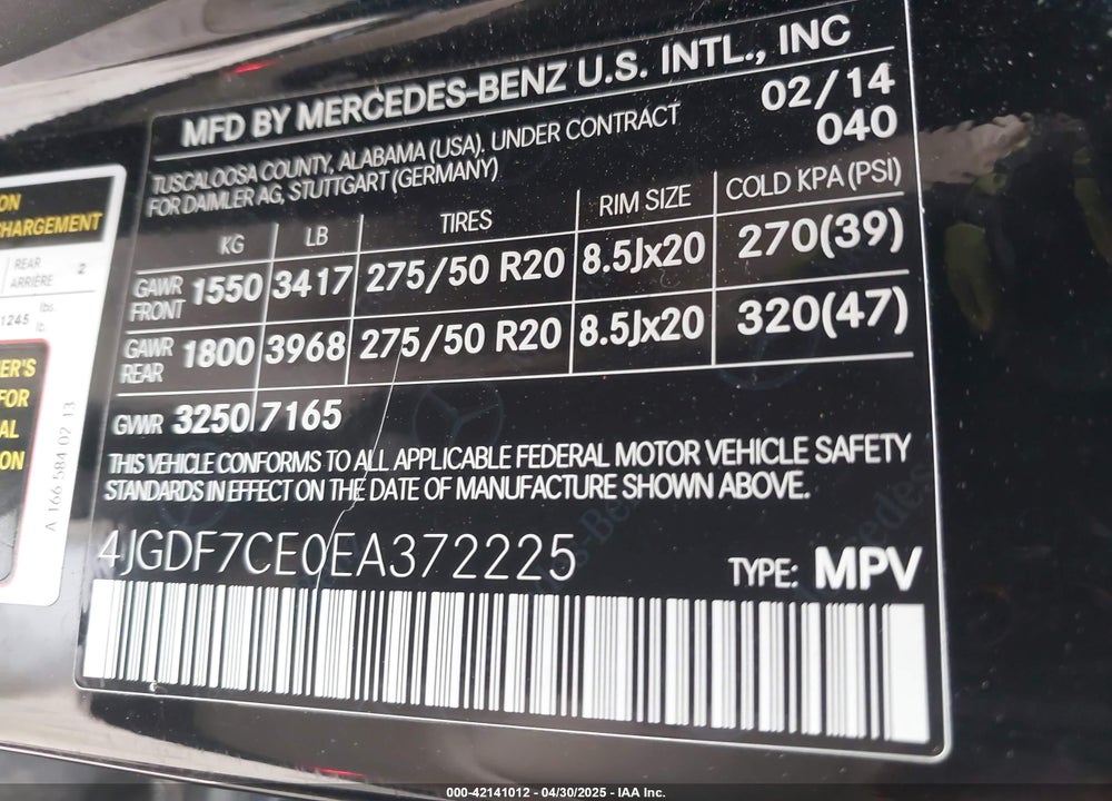 2014 MERCEDES-BENZ GL 450 VIN: 4JGDF7CE0EA372225