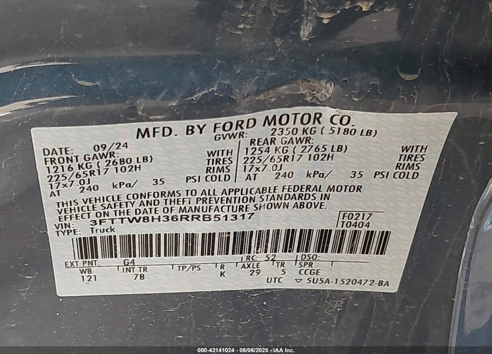 2024 FORD MAVERICK VIN: 3FTTW8H36RRB51317