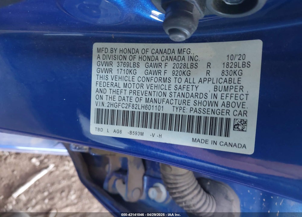 2020 HONDA CIVIC SPORT VIN: 2HGFC2F82LH601101