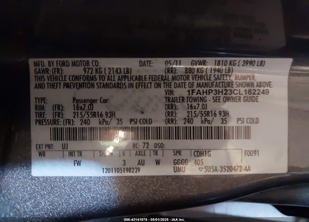 2012 FORD FOCUS VIN: 1FAHP3H23CL162249