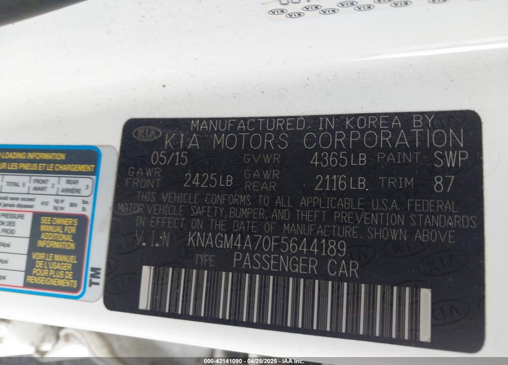 2015 KIA OPTIMA VIN: KNAGM4A70F5644189
