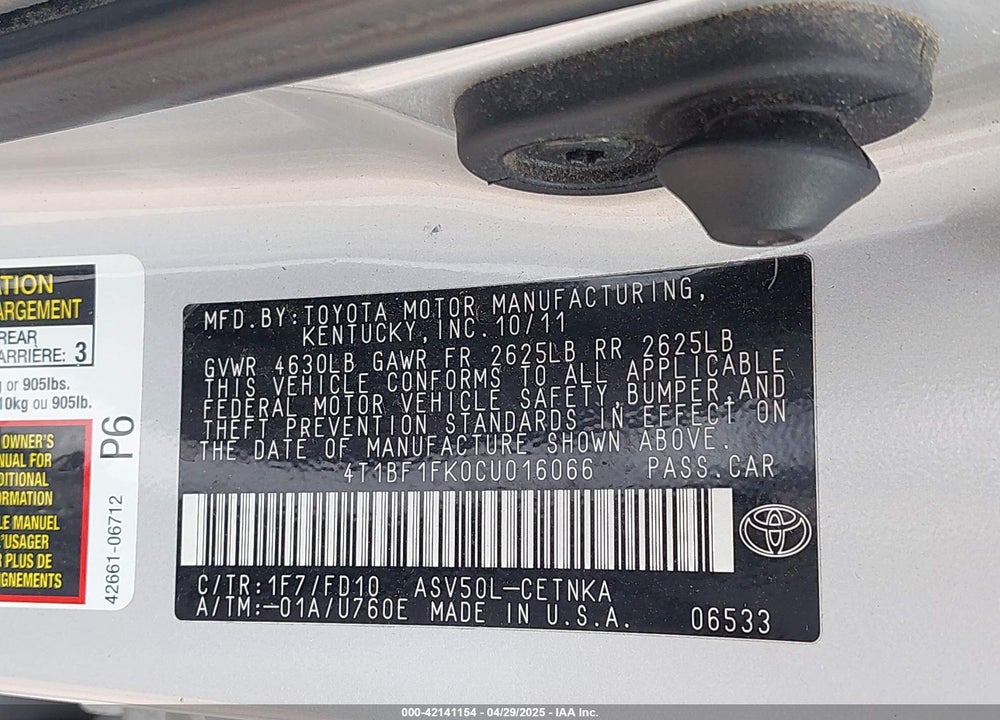 2012 TOYOTA CAMRY VIN: 4T1BF1FK0CU016066