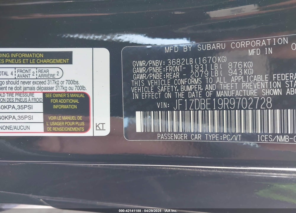 2024 SUBARU BRZ LIMITED VIN: JF1ZDBE19R9702728