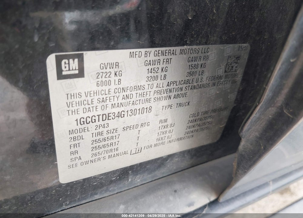 2016 CHEVROLET COLORADO VIN: 1GCGTDE34G1301018