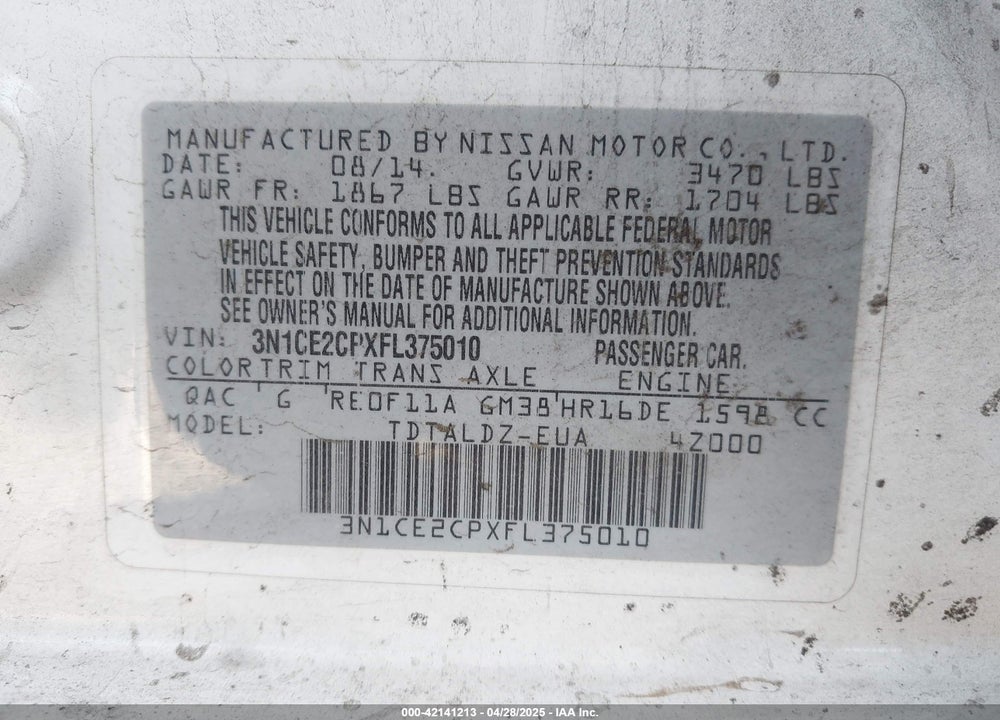 2015 NISSAN VERSA NOTE VIN: 3N1CE2CPXFL375010