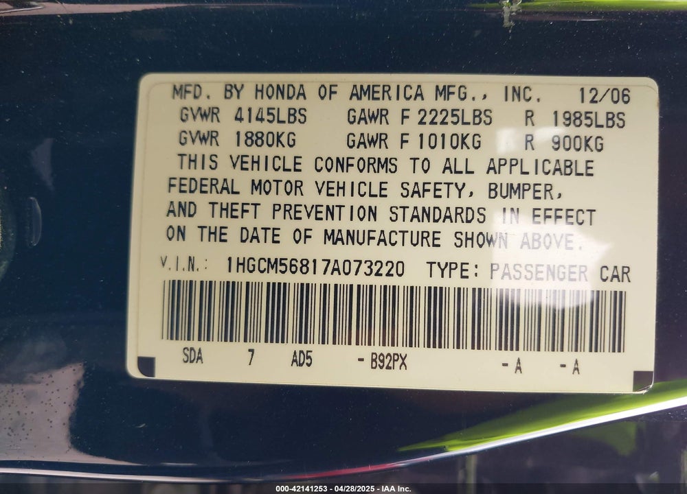 2007 HONDA ACCORD 2.4 EX VIN: 1HGCM56817A073220