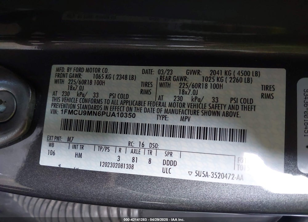 2023 FORD ESCAPE ST LINE VIN: 1FMCU9MN6PUA10350