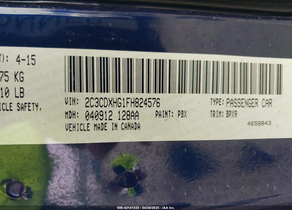 2015 DODGE CHARGER VIN: 2C3CDXHG1FH824576