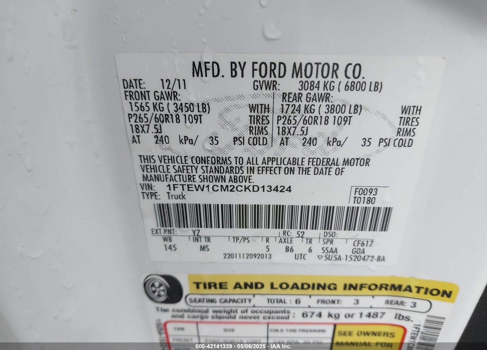 2012 FORD F-150 VIN: 1FTEW1CM2CKD13424