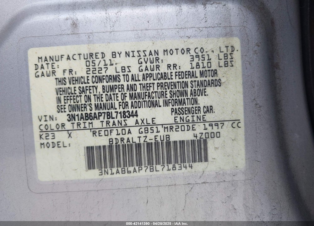 2011 NISSAN SENTRA VIN: 3N1AB6AP7BL718344
