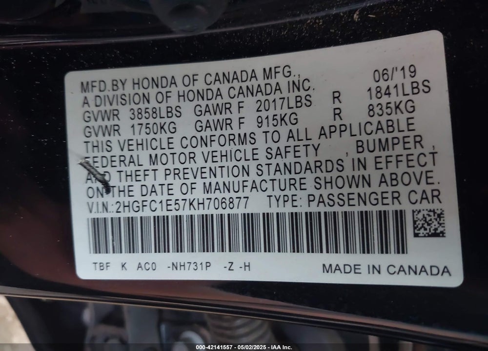 2019 HONDA CIVIC SI VIN: 2HGFC1E57KH706877