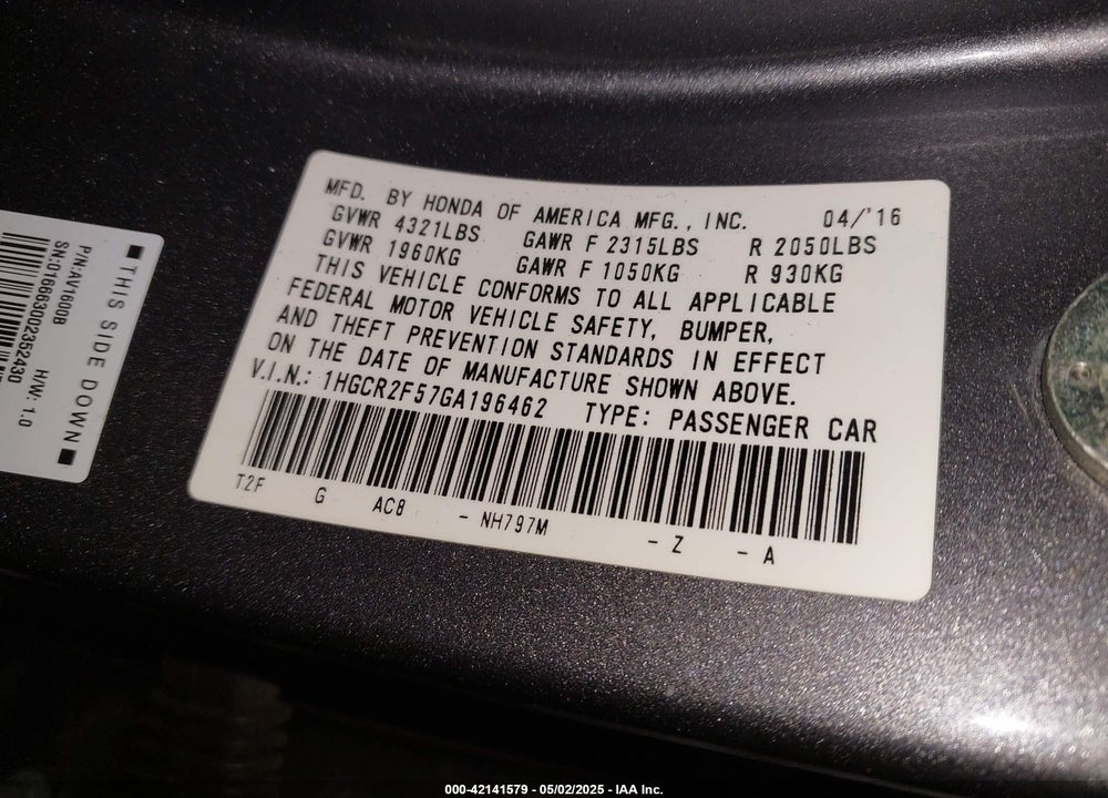 2016 HONDA ACCORD SPORT VIN: 1HGCR2F57GA196462