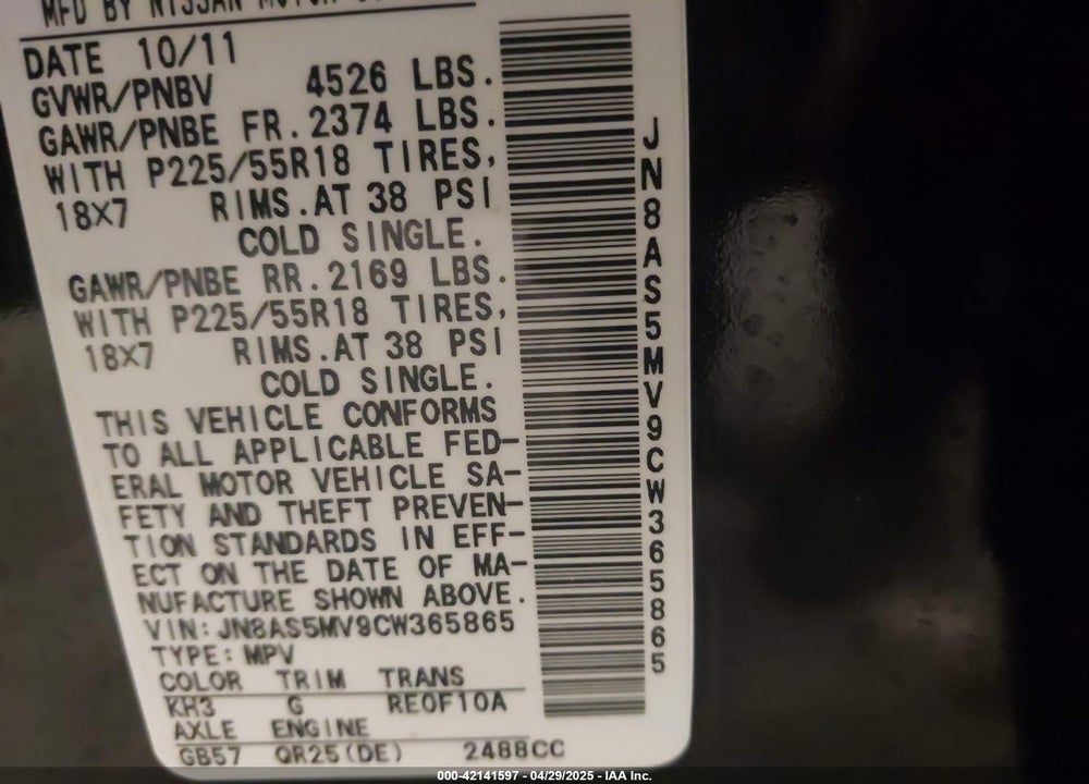 2012 NISSAN ROGUE SV W/SL PKG VIN: JN8AS5MV9CW365865