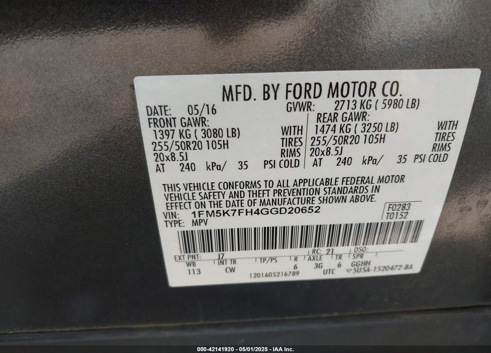 2016 FORD EXPLORER VIN: 1FM5K7FH4GGD20652