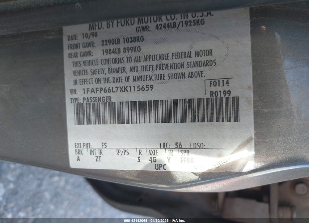 1999 FORD CONTOUR VIN: 1FAFP66L7XK115659