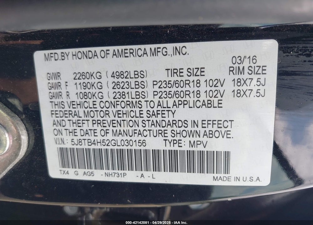 2016 ACURA RDX VIN: 5J8TB4H52GL030156