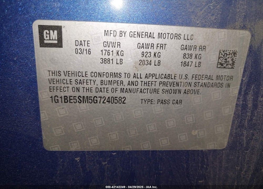 2016 CHEVROLET CRUZE VIN: 1G1BE5SM5G7240582