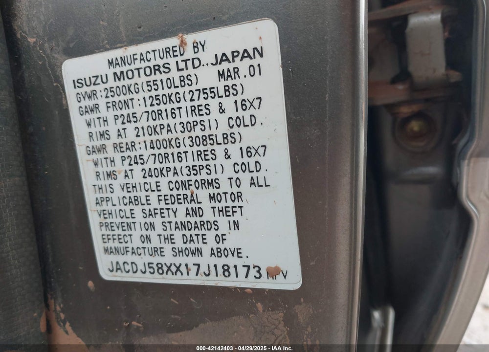 2001 ISUZU TROOPER LIMITED/LS/S VIN: JACDJ58XX17J18173