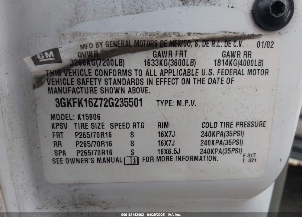 2002 GMC YUKON XL 1500 VIN: 3GKFK16Z72G235501