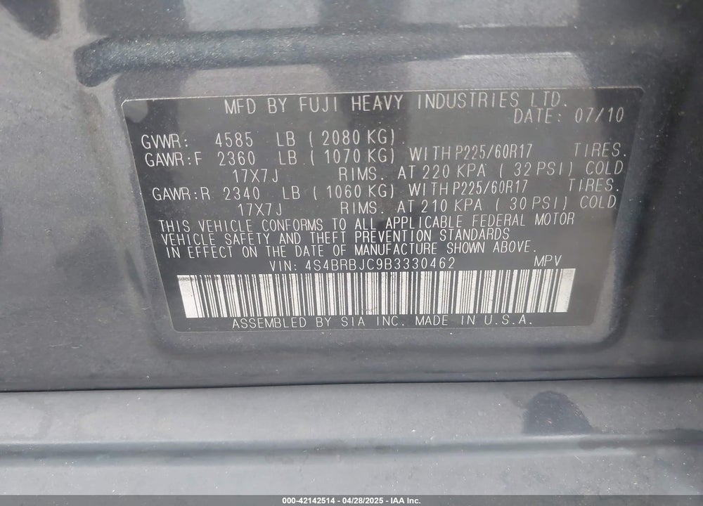 2011 SUBARU OUTBACK VIN: 4S4BRBJC9B3330462