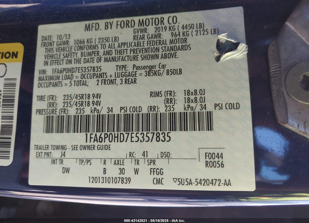2014 FORD FUSION VIN: 1FA6P0HD7E5357835