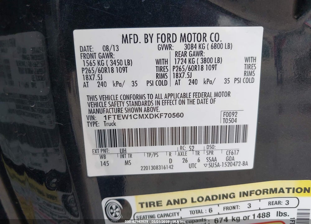 2013 FORD F-150 VIN: 1FTEW1CMXDKF70560