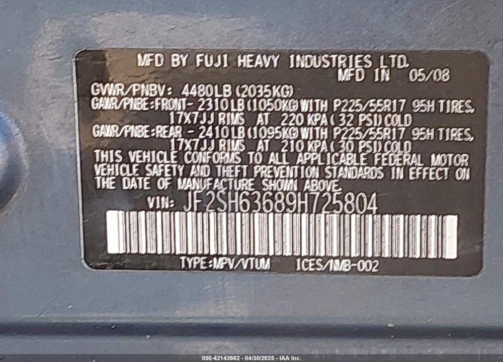 2009 SUBARU FORESTER 2.5X VIN: JF2SH63689H725804