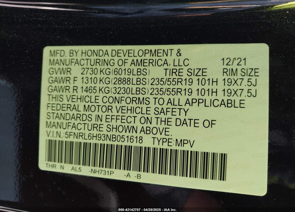 2022 HONDA ODYSSEY ELITE VIN: 5FNRL6H93NB051618